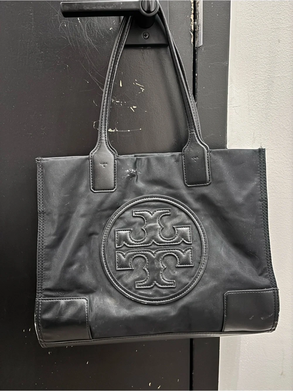 Tory Burch Black Nylon Logo Tote with Leather Trim